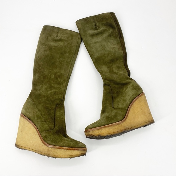 Yves Saint Laurent Olive Green Wedge Knee-High Boots 39 - Picture 1 of 5